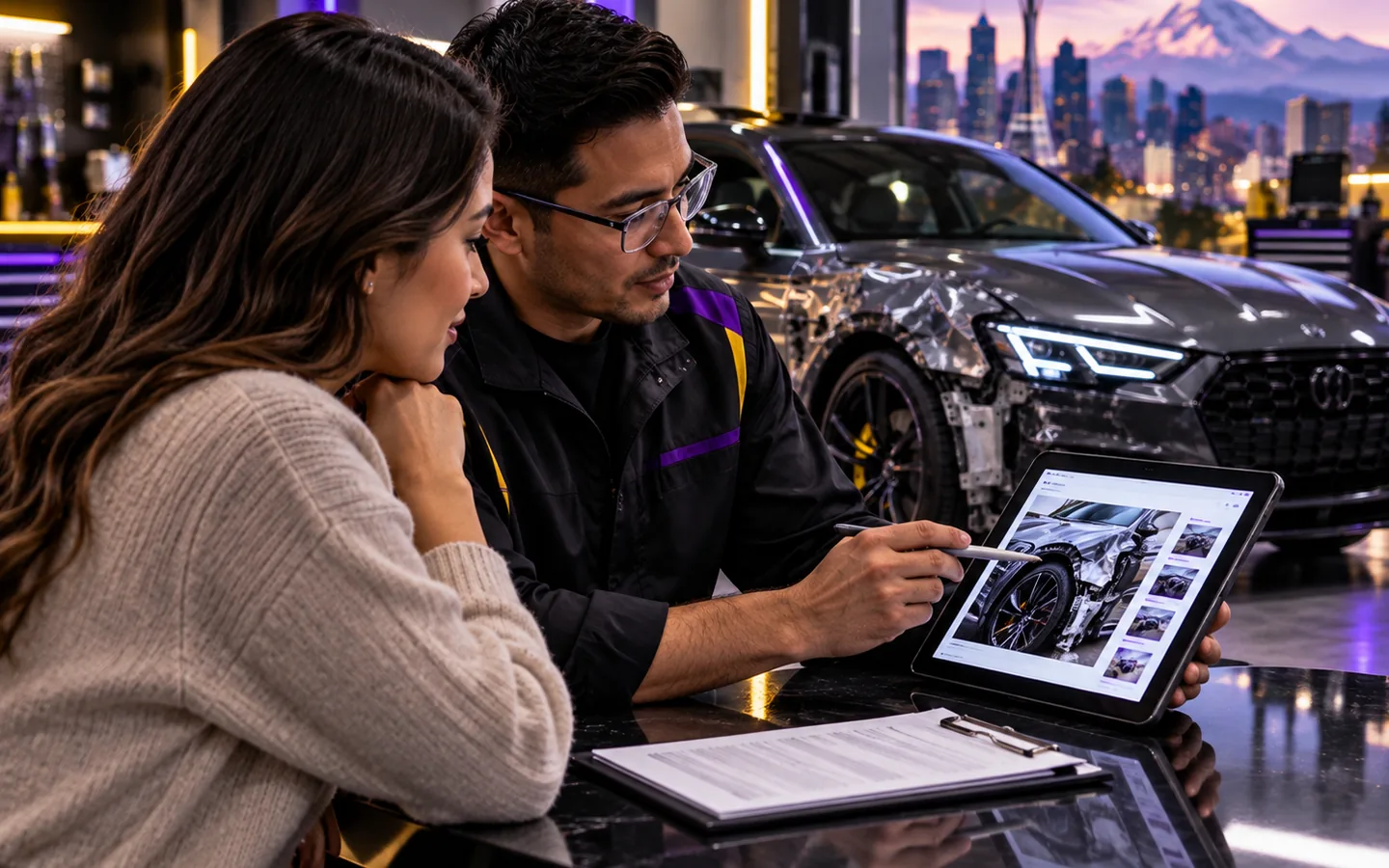 Repair advisor reviewing documented collision damage with a customer
