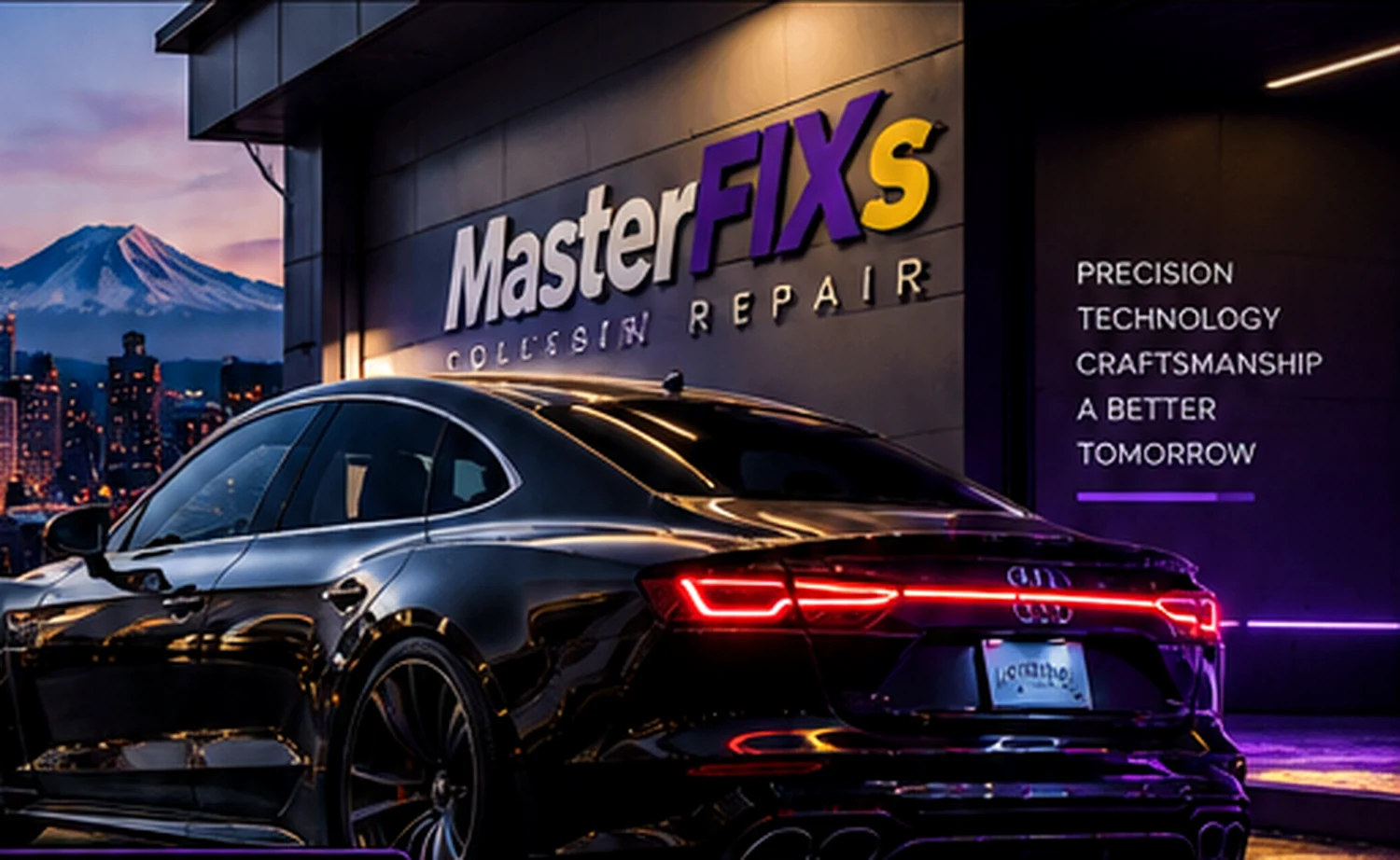 Premium vehicle with Seattle skyline and MasterFIXs technology-inspired setting
