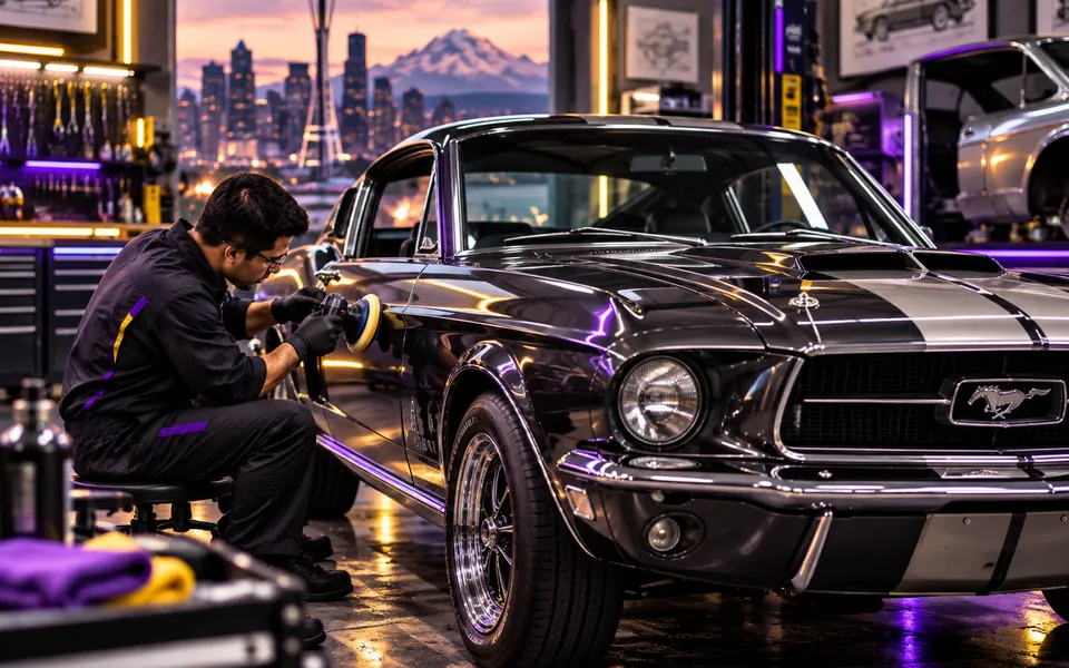 Technician refinishing and restoring a classic vehicle