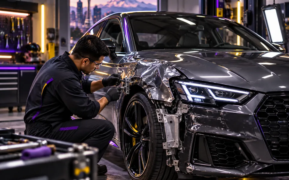 Technician repairing collision damage in a premium Seattle-area body shop