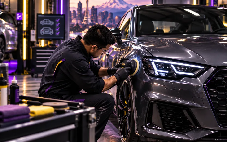 Technician performing paint correction and premium surface finishing