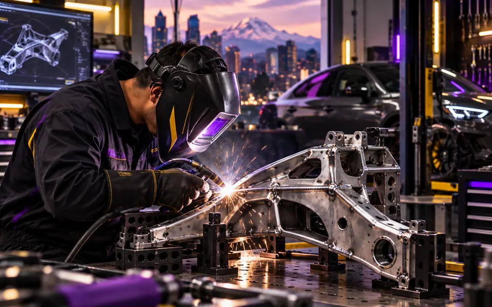 Fabrication technician welding a custom automotive component