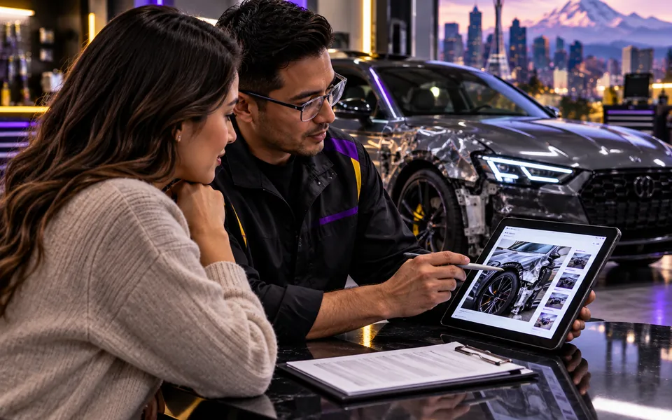 Repair advisor reviewing vehicle damage documentation with a customer
