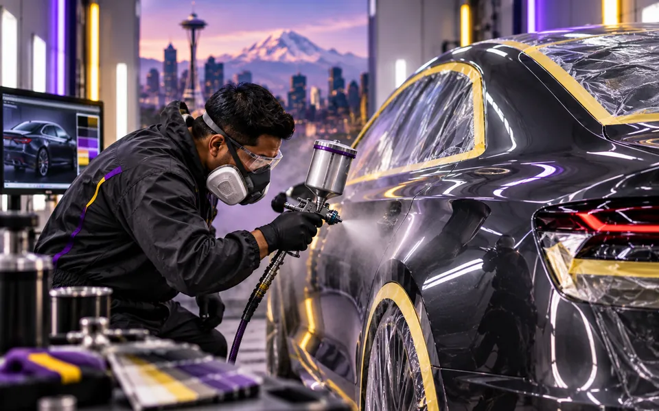 Automotive refinishing technician applying paint to a prepared vehicle panel
