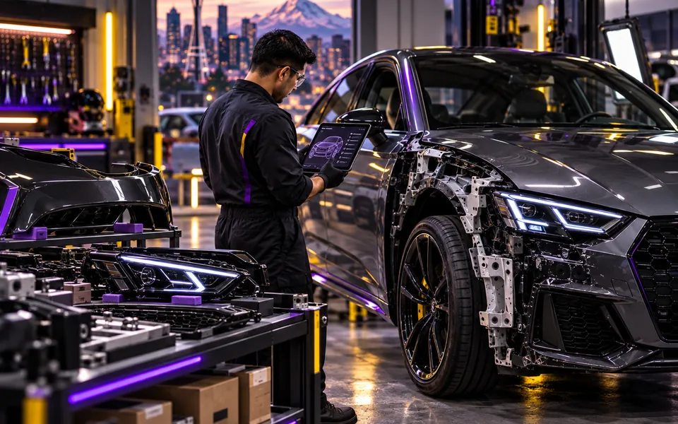 Technician coordinating parts and repair planning with a digital vehicle blueprint